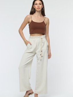 Ekru Keten Yazlık Bol Paça İpli Pantolon