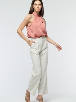 Ekru Keten Yazlık Bol Paça Pantolon