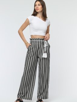 Füme Bağcıklı Bol Paça Çizgili Keten Pantolon