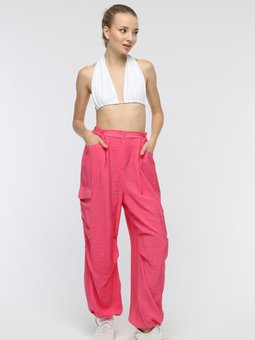 Fuşya Kargo Cepli Lastikli Spor Pantolon