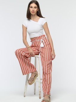 Somon Bağcıklı Bol Paça Çizgili Keten Pantolon