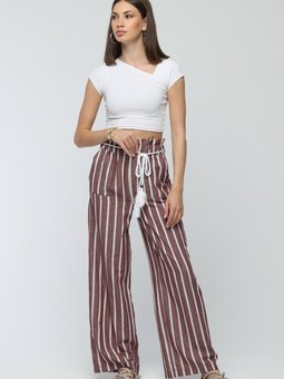 Vişne Bağcıklı Bol Paça Çizgili Keten Pantolon