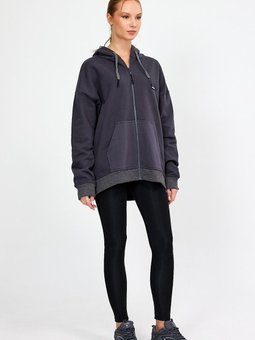 Antrasit Fermuarlı Kapüşonlu Oversize Sweatshirt