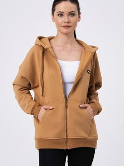 Bej Fermuarlı Kapüşonlu Sweatshirt
