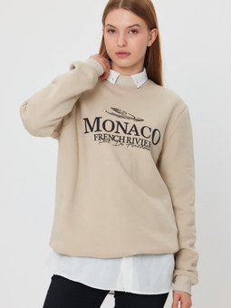 Bej İçi Polarlı Baskı Detaylı Sweatshırt