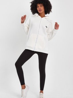 Beyaz Fermuarlı Kapüşonlu Sweatshirt