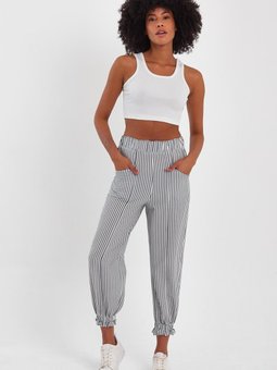 Beyaz Gri Paçası Büzgülü Jogger Pantolon