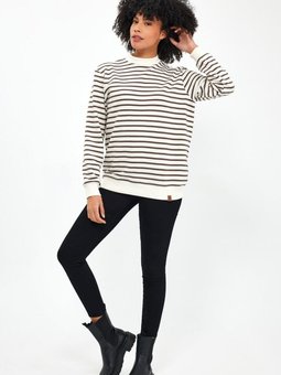 Beyaz Haki Bisiklet Yaka Çizgili Sweatshirt