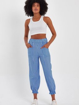 Beyaz Mavi Paçası Büzgülü Jogger Pantolon