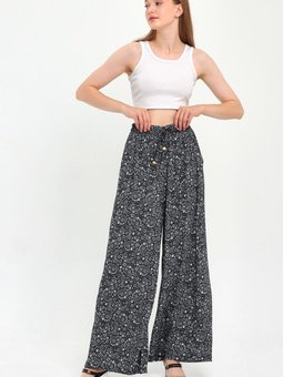 Beyaz Siyah Beli Lastikli Desenli Palazzo Pantolon
