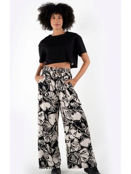 Beyaz Siyah Cepli Beli Lastikli Desenli Palazzo Pantolon