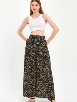 Haki Beli Lastikli Desenli Palazzo Pantolon