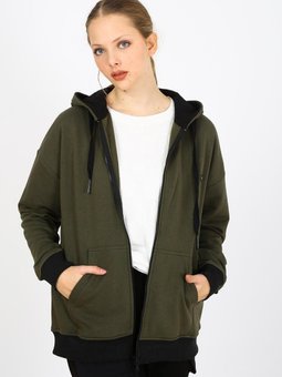 Haki Fermuarlı Kapüşonlu Sweatshirt