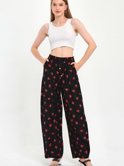 Kırmızı Siyah Beli Lastikli Desenli Palazzo Pantolon