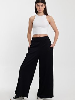 Siyah Beli Lastikli Fitilli Kumaş Palazzo Pantolon