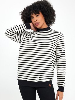 Siyah Beyaz Bisiklet Yaka Çizgili Sweatshirt