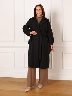 Büyük Beden Kolları Bağlama Detaylı Siyah Trençkot