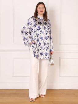 Krem Büyük Beden Çiçek Desenli Saten Tunik Lacivert