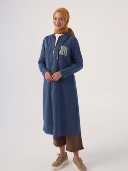 İndigo Kapüşonlu Aplike Nakışlı Hırka