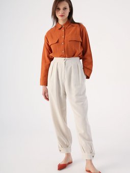 Taş Pileli Paça Apoletli Keten Pantolon