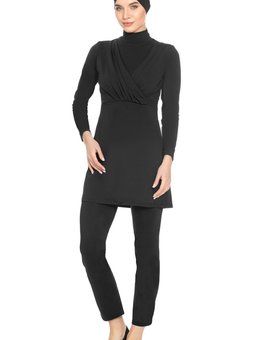 Siyah Büyük Beden Likrali Göğüs Detaylı Tam Kapalı Mayo