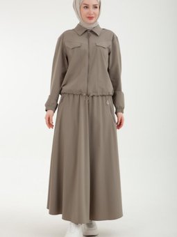 Paraşüt Kumaşlı Önden Fermuarlı Etekli Küf Yeşili Takım 24yt609