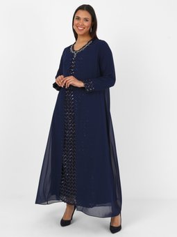 Pul Payet Detaylı Büyük Beden Lacivert Abiye Elbise