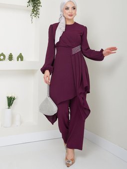 Asimetrik Taşlı Tunik Pantolon Kombin 2527 Mürdüm