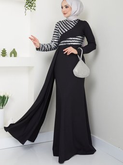 Pul Payet Pelerinli Balık Abiye Elbise 2711 Gümüş