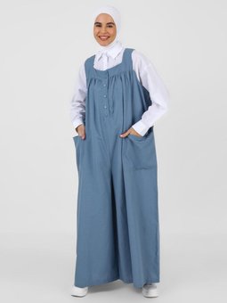 Düğme Detaylı Salaş Tulum İndigo