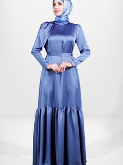 İndigo Omuz Detaylı Kuşaklı Saten Abiye Elbise