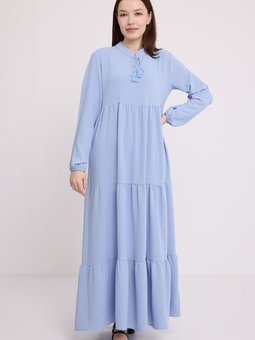 Mavi Yaka Bağcıklı Viskon Boydan Elbise 1627