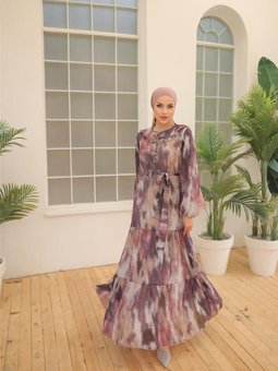 Kahve Desenli Belden Bağlamalı Uzun Şifon Elbise 50002 Mor