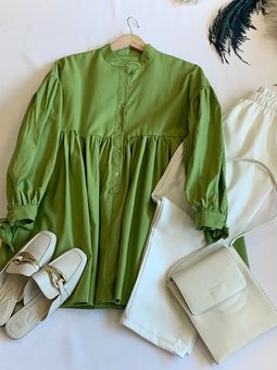 Düğmeli Bağlamalı Robalı Tunik & Krep Boru Paça Pantolon Fıstık Yeşili Takım