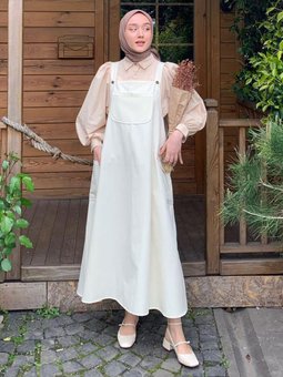 Ekru Keten Etekli Salopet & Krem Klasik Yaka Crop Gömlek