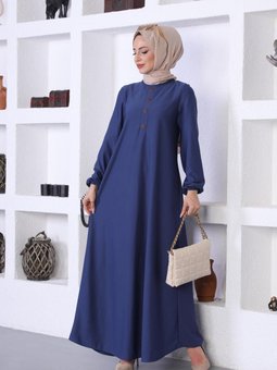 Düğme Detaylı Elbise 578 İndigo