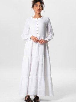 Kol Akay Uzun Düğme Detay Yazlık Müslin Elbise Beyaz Byz