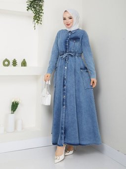 Beli Kuşaklı Kot Elbise