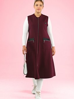 Kadin Uzun Kolsuz Fermuarli Yelek Deri Cepli Ottoman Mürdüm