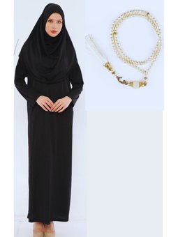 Boydan Giymeli Siyah Namaz Elbisesi Ve 99'luk İnci Tesbih