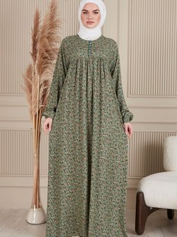 Büzgü Robadan Önü Düğmeli Viskon Kumaş Tessetür Giyim Anne Namaz Elbisesi