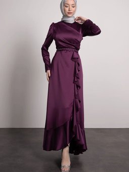 Kemeri Taşlı Önden Piliseli Tesettür Abiye Elbise