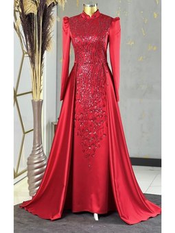 Kuyruklu Damla Abiye Elbise Kırmızı