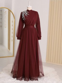 Önü Taş Detaylı Drapeli Kemerli Tül Abiye Elbise