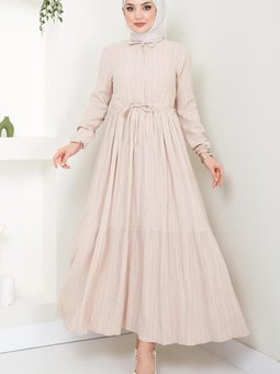 Beli Büzgülü Lara Elbise Bej Hm2452