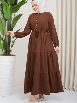 Büzgülü Düğmeli Ayrobin Elbise Kahverengi