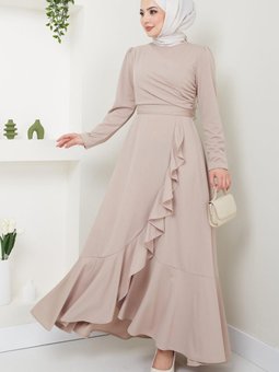 Eteği Fırfırlı Drapeli Elbise Bej Hm2419