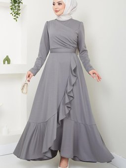 Eteği Fırfırlı Drapeli Elbise Gri Hm2419