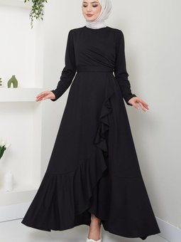 Eteği Fırfırlı Drapeli Elbise Siyah Hm2419