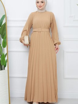 Kemerli Piliseli Aerobin Elbise Camel Hm2339